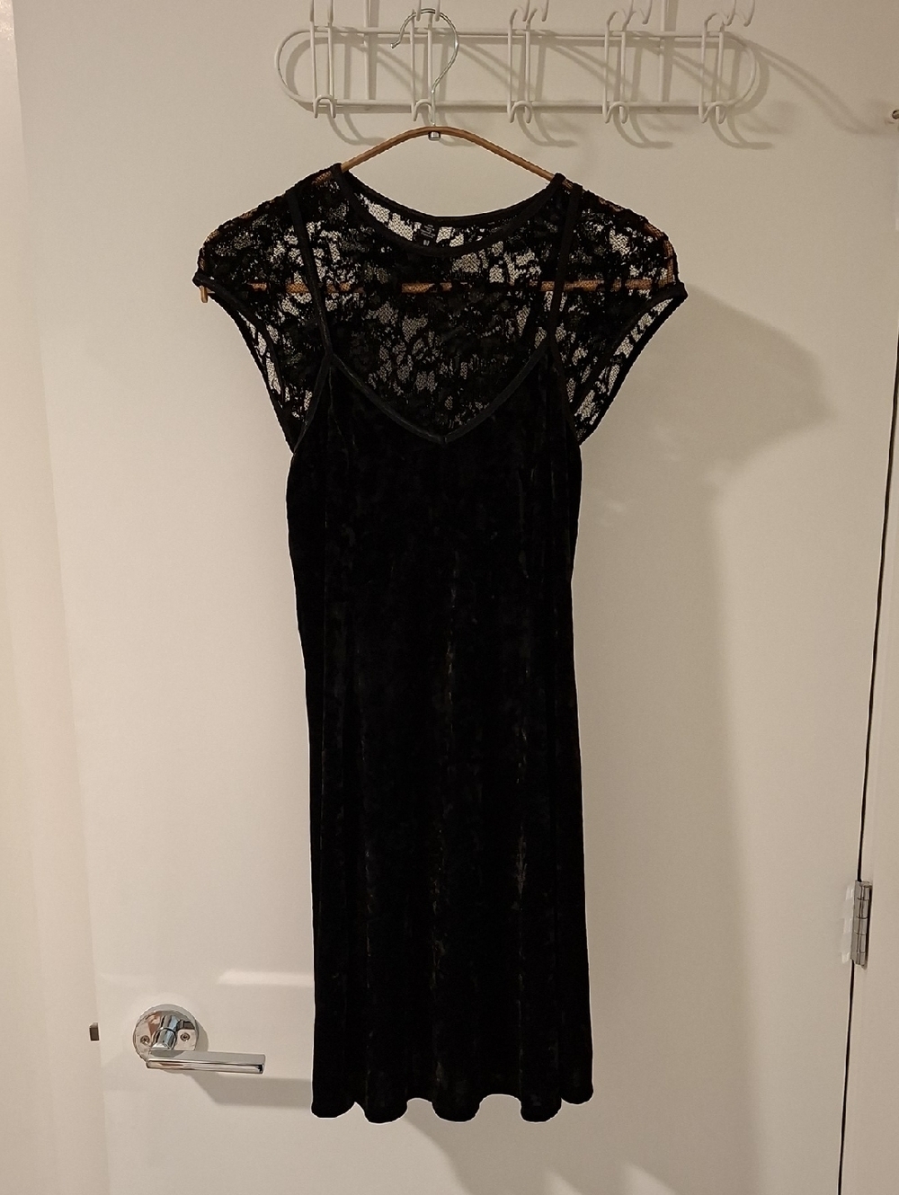 Design Lab Black Crushed Velvet Baby-doll Dress w/ Built-in Lace Top (Size M)